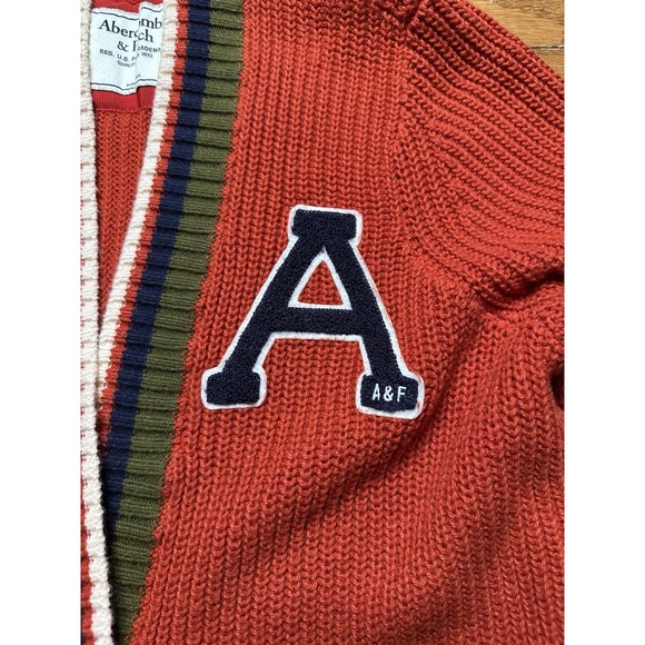 Abercrombie & Fitch Cardigan Varsity Letter Sweater Chunky Knit Women SM Orange - Picture 6 of 7